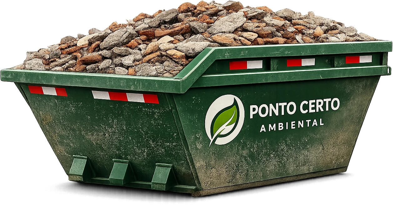 Caçamba Ponto Certo Ambiental carregada com entulho